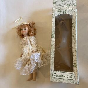 Vintage Porcelain Doll Blue Eyes Lace Dress Blondish Red Head